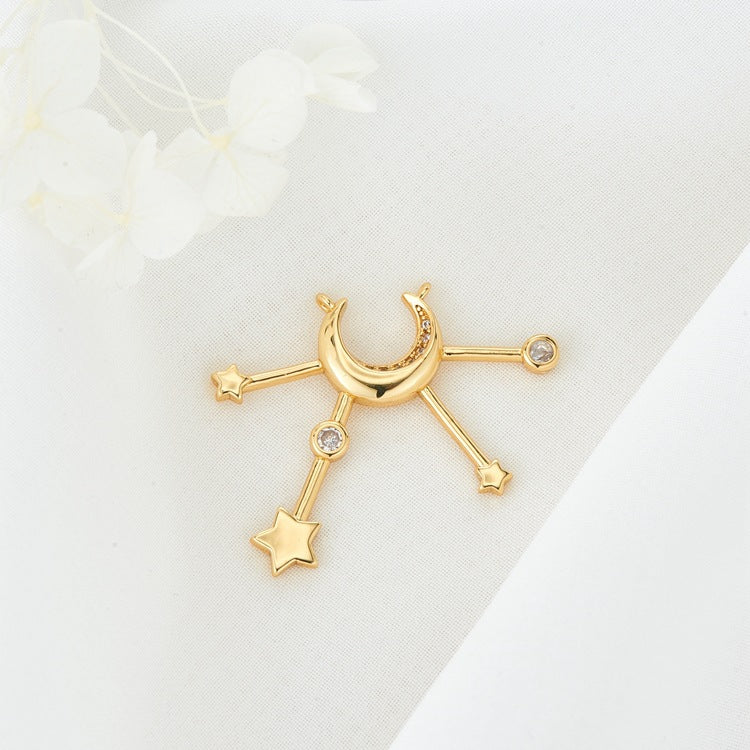 2 Star Moon Charm Pendant Rhinestone Embellished 14K GF