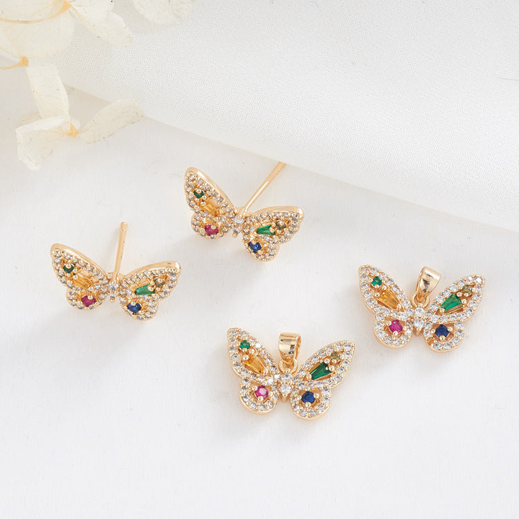 4 boucles d'oreilles à tige avec pendentif à breloque papillon ornées de strass 14K GF