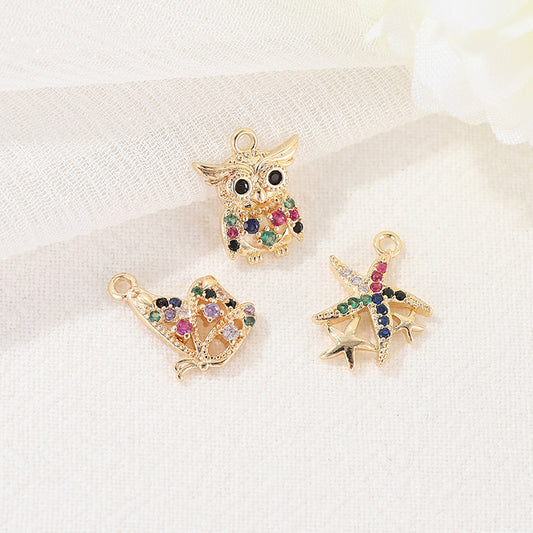 2 Starfish Butterfly Owl Charm Pendant Rhinestone Embellished 14K GF