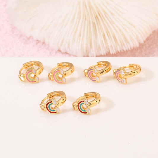 4 Rainbow Hoop Earrings Enamel Epoxy Rhinestone Embellished 14K GF Earing