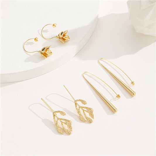 2 pairs Long Waterdrop Leaf Floral Hook Earrings 14K GF Earing