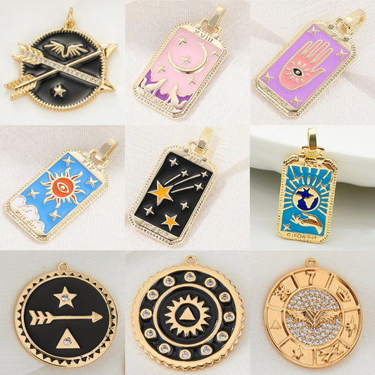 2 Arrow Sun Star Hamsa Round Rectangle Coin Tarot Charm Pendant Enamel Epoxy 14K GF Rhinestone Embellished