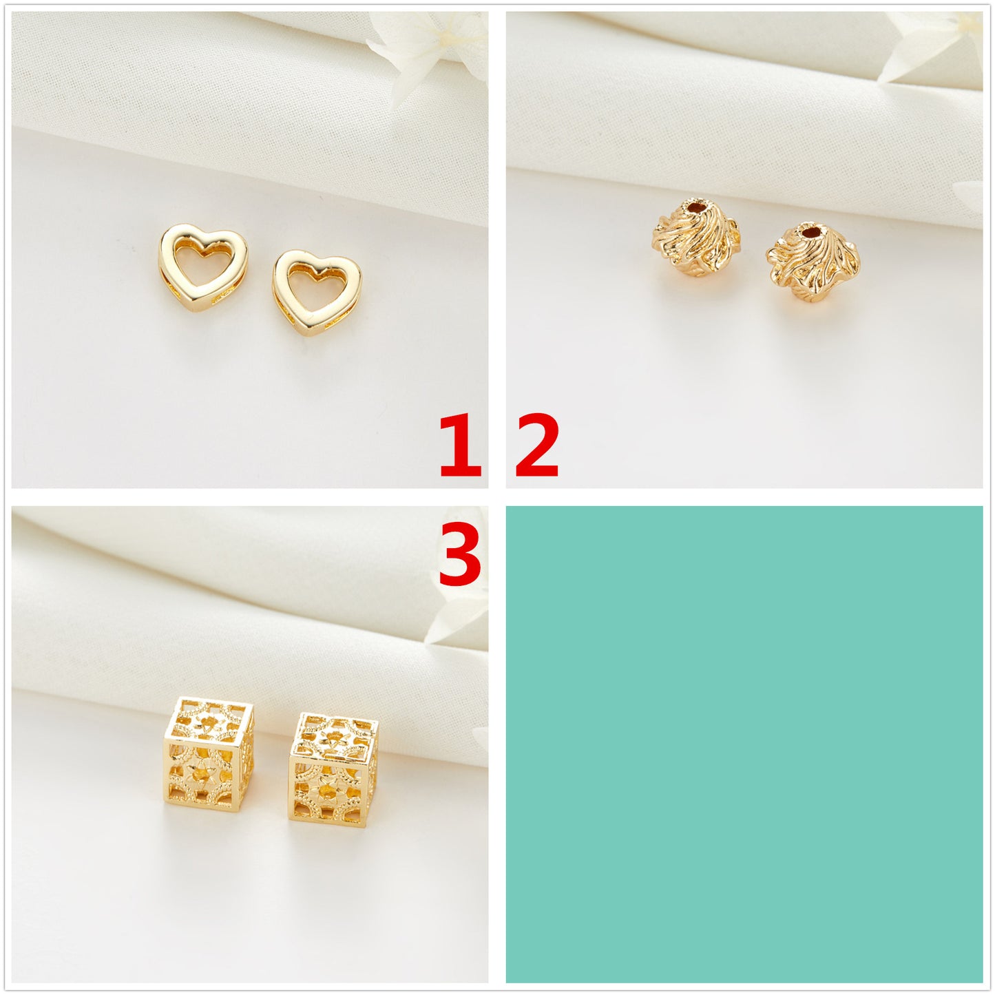 10 Tiny Heart Floral Hollow Cube Bead 14K GF Charm Beadwork Spacer