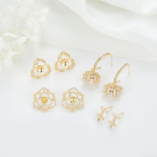 4 Floral Stud Earrings 14K GF Rhinestone Embellished Earing