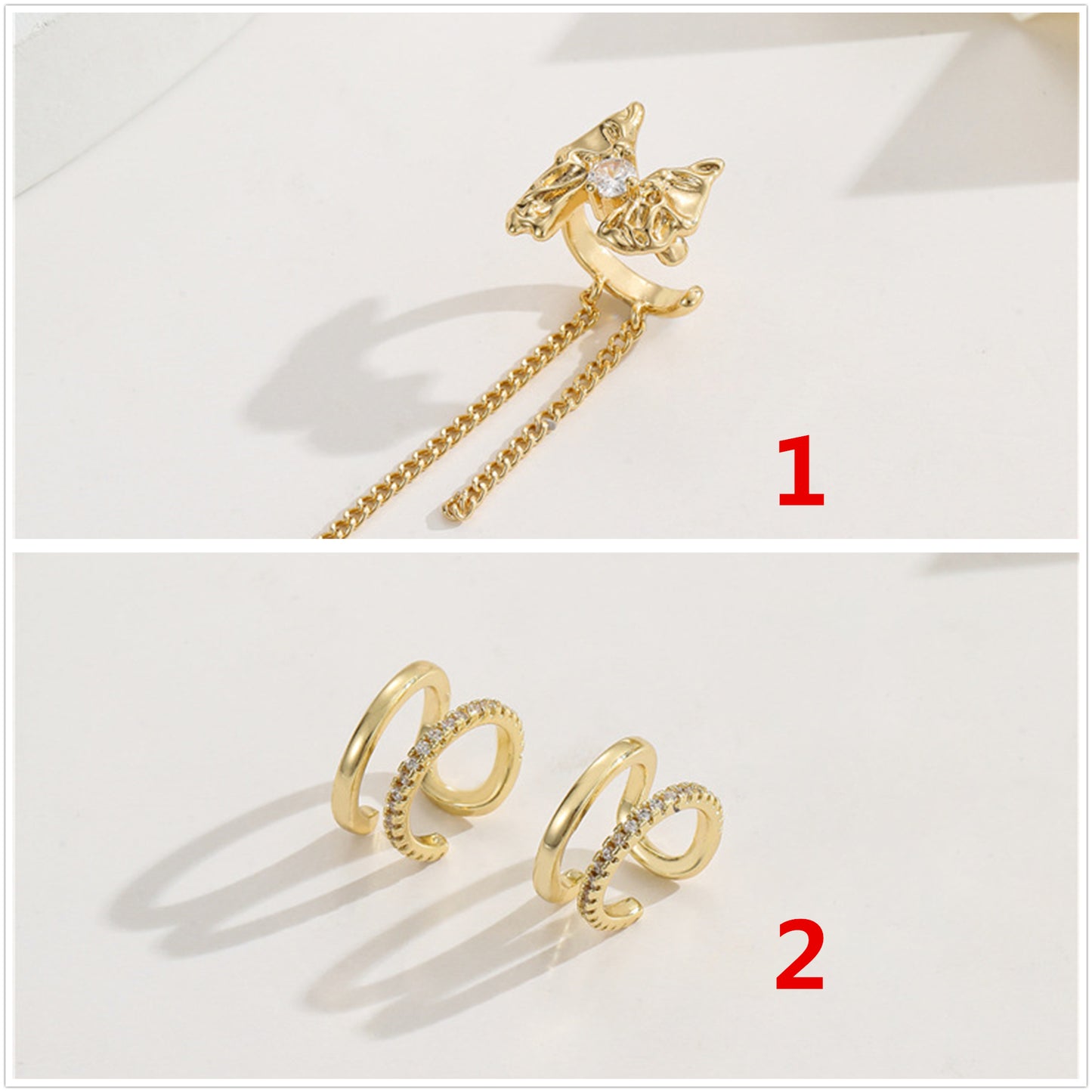 4 boucles d'oreilles à nœud papillon, grimpeur, sans perçage, strass embelli, 14K GF