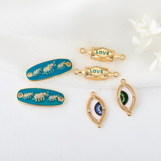 2 Double Looped Love Oval Eye Elephant Charm Connector Enamel Epoxy Rhinestone Embellished 14K GF