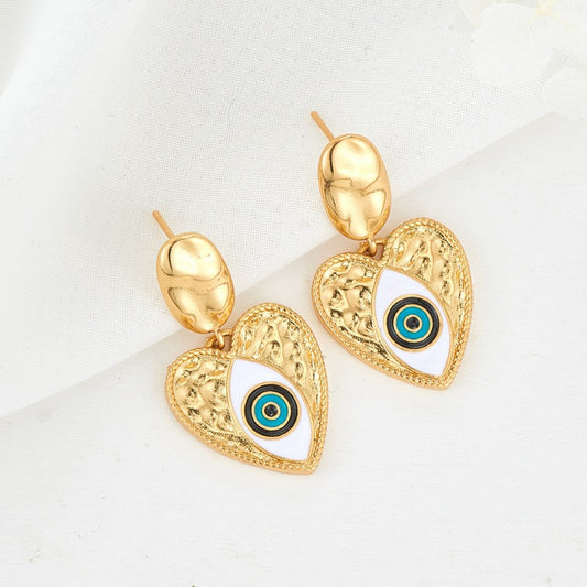 4 Evil Eye Heart Charm Stud Earrings Enamel Epoxy 14K GF Earing