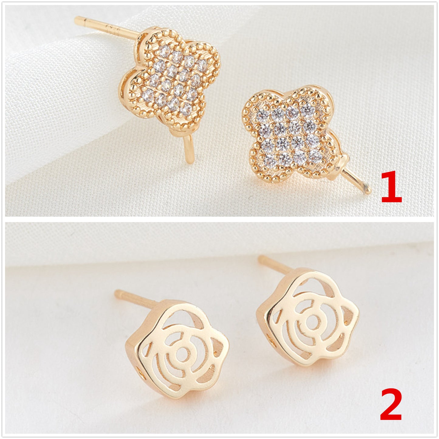 4 Floral Stud Earrings 14K GF Rhinestone Embellished Earing