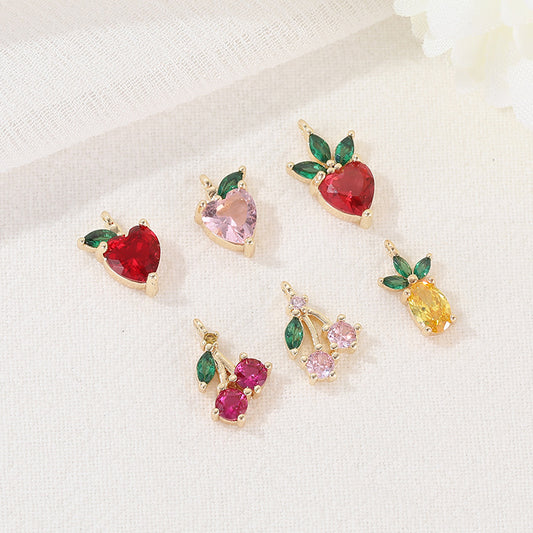 2 Apple Strawberry Cherry Pineapple Fruit Charm Pendant Rhinestone Embellished 14K GF