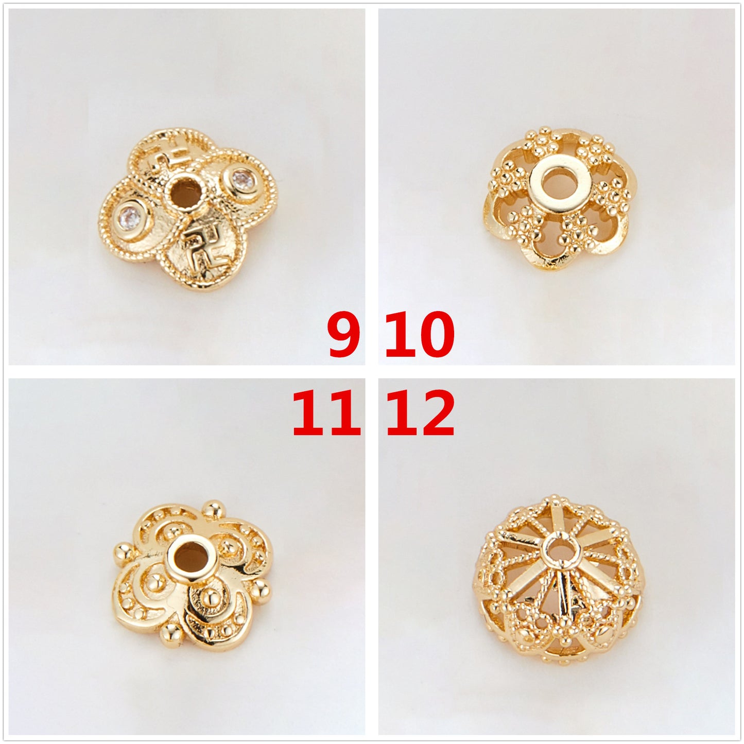 10 Floral Bead Cap Cup Rhinestone Embellished 14K GF Charm Beadwork Spacer