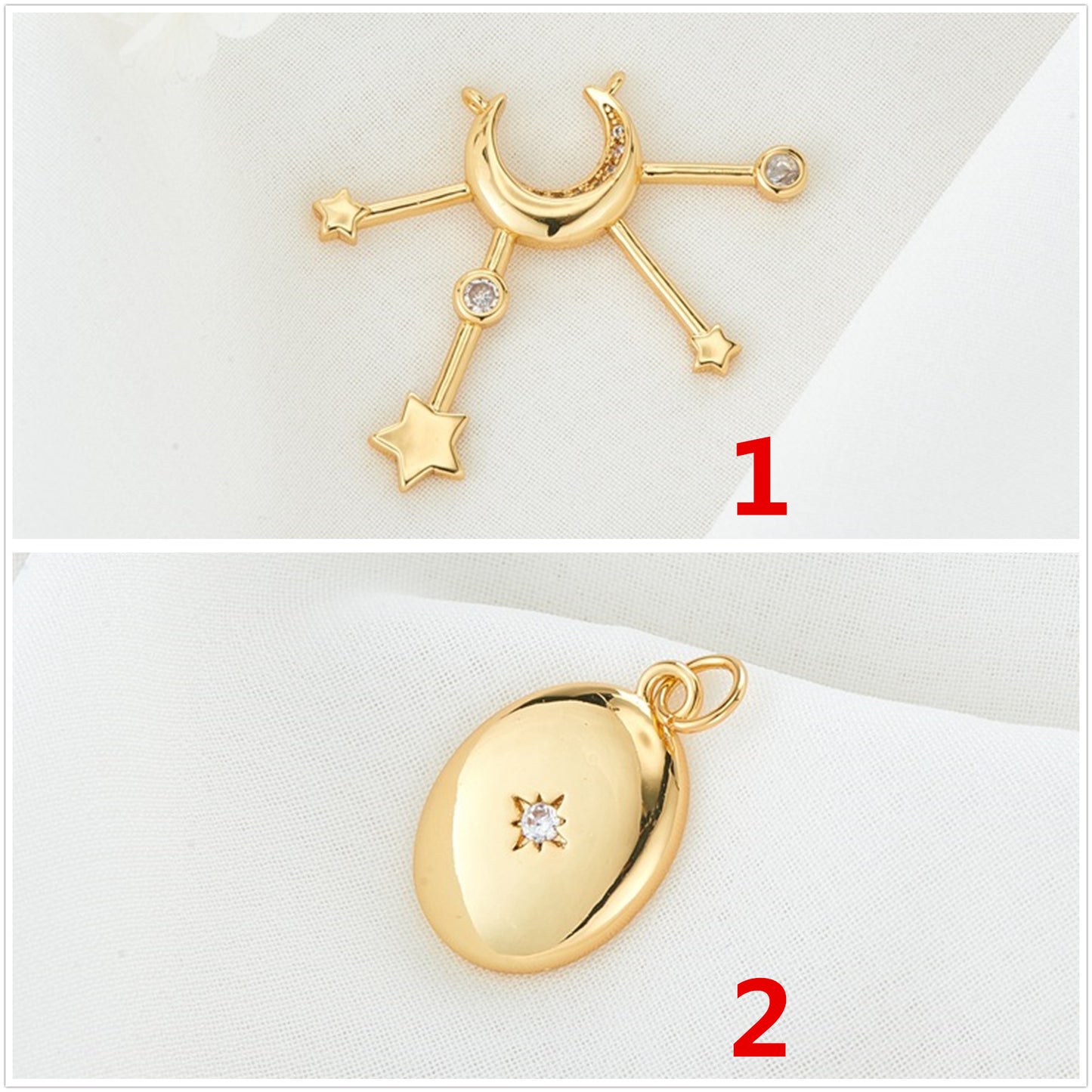 2 Star Moon Charm Pendant Rhinestone Embellished 14K GF