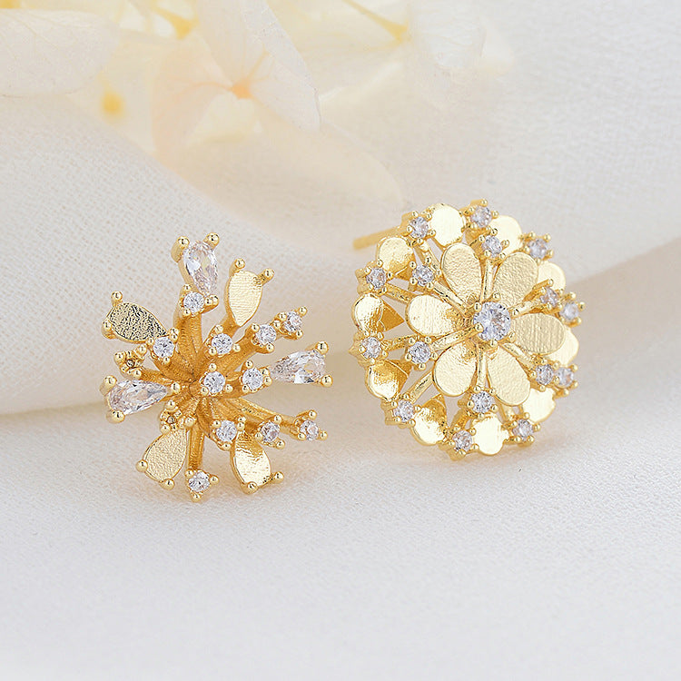 4 Floral Stud Earrings 14K GF Rhinestone Embellished Earing