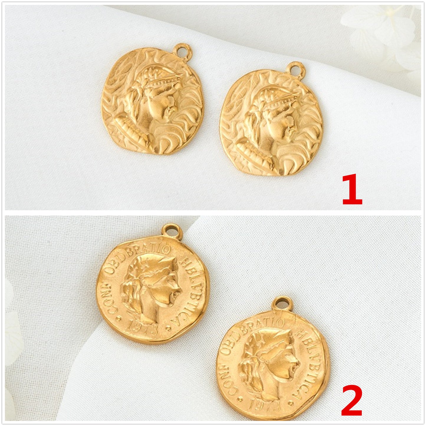 2 Portrait Coin Charm Pendant 14K GF