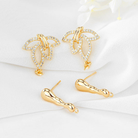 4 Hollow Leaf Stud Earrings Rhinestone Embellished 14K GF Earing Half Drilled Pearl Bead Blank