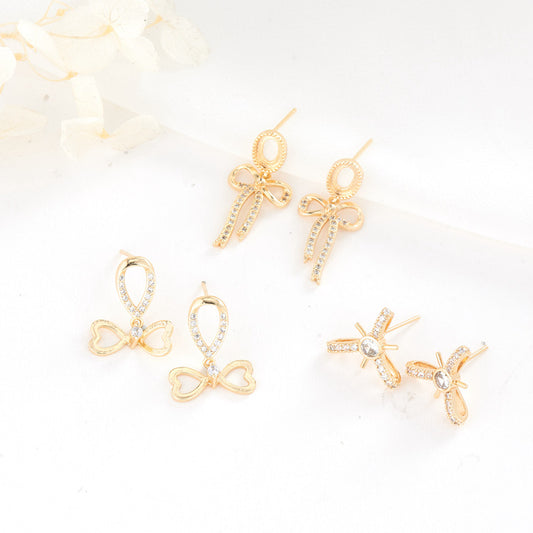 4 boucles d'oreilles à nœud papillon ornées de strass 14K GF Earing