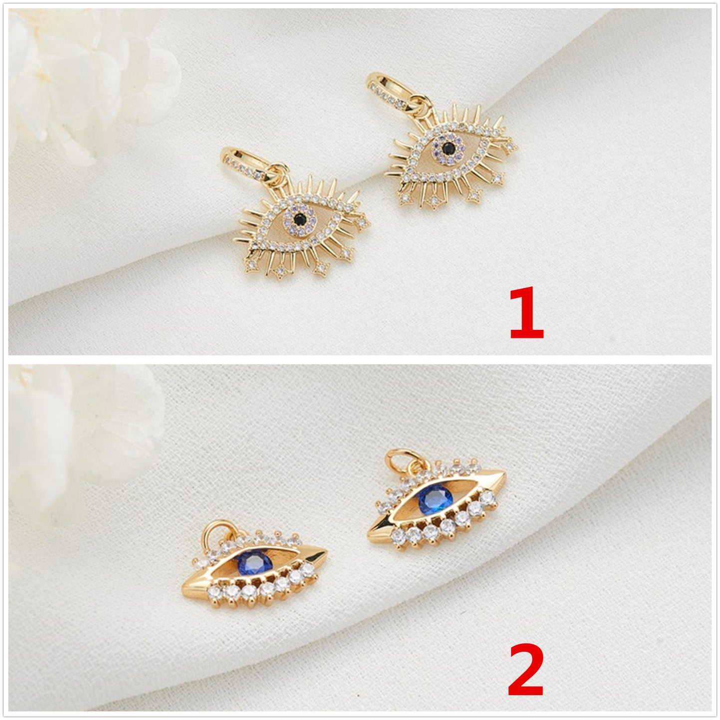 2 pendentifs à breloque mauvais œil ornés de strass 14K GF