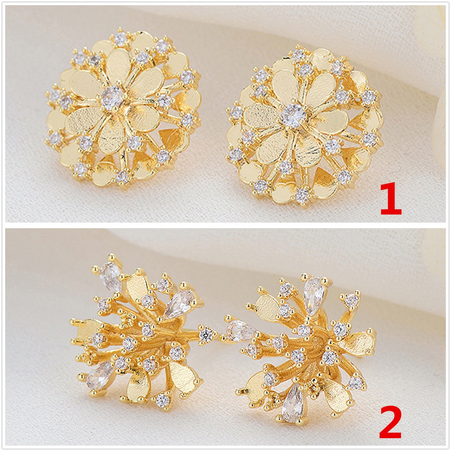 4 Floral Stud Earrings 14K GF Rhinestone Embellished Earing