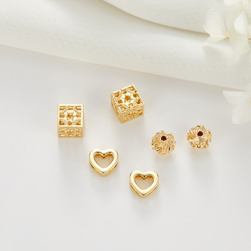 10 Tiny Heart Floral Hollow Cube Bead 14K GF Charm Beadwork Spacer