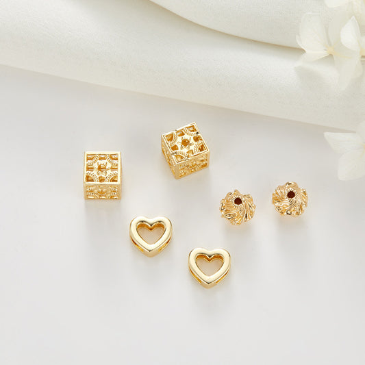 10 Tiny Heart Floral Hollow Cube Bead 14K GF Charm Beadwork Spacer