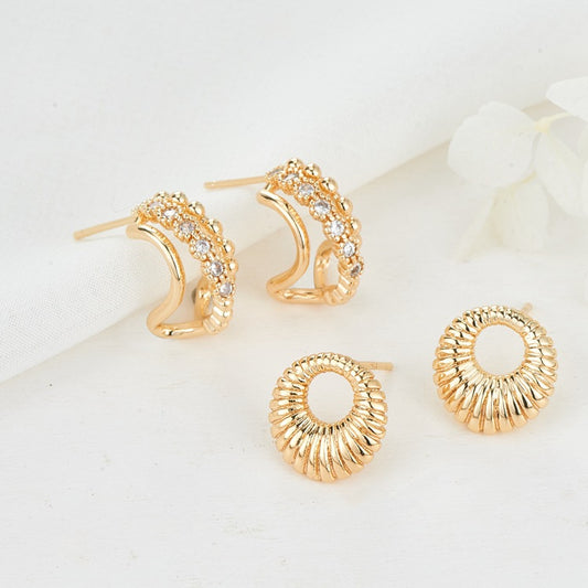 4 Carved Circle Stud Earrings 14K GF Earing