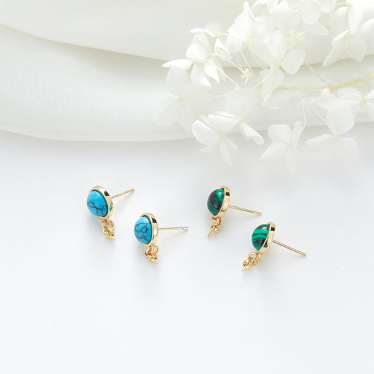 4 Round Drop Earring Stud Malachite Turquoise Embellished 14K GF Earing Half Drilled Pearl Bead Blank