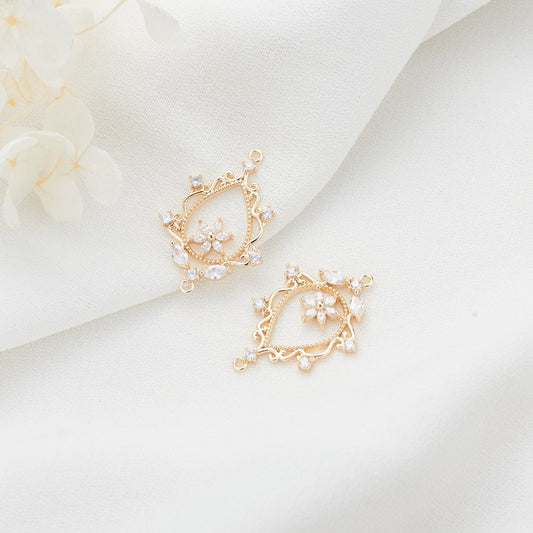 2 Double boucle Floral Waterdrop Circle Charm Connecteur Strass Embelli 14K GF