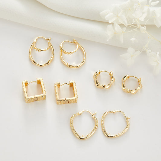 4 Chunky Faceted Square Grid Heart Circle Hoop Earrings 14K GF Earing