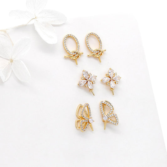 4 boucles d'oreilles à tige en forme de papillon, cercle ovale floral, ornées de strass, 14K GF, boucles d'oreilles à moitié percées, perle vierge