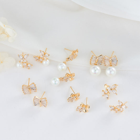 4 boucles d'oreilles papillon ornées de strass 14K GF, boucles d'oreilles à moitié percées, perle vierge