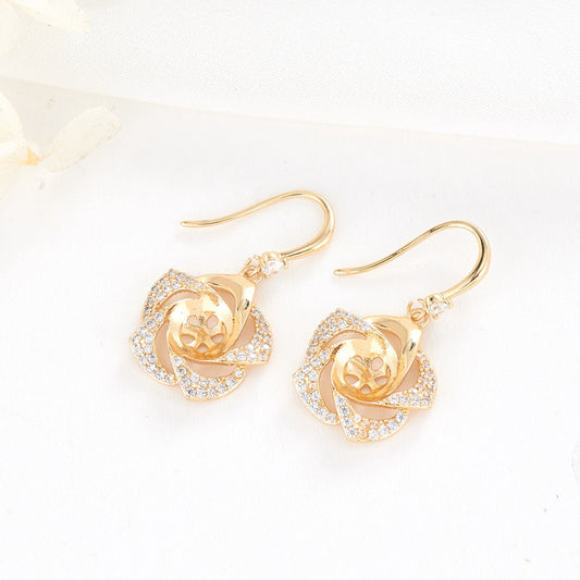 4 Rose Floral Hook Earrings Rhinestone Embellished 14K GF Earing Half Drilled Pearl Bead Blank