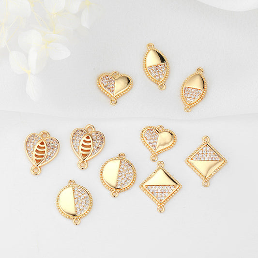 2 Double Looped Triangle Heart Olive Round Square Charm Connector Rhinestone Embellished 14K GF