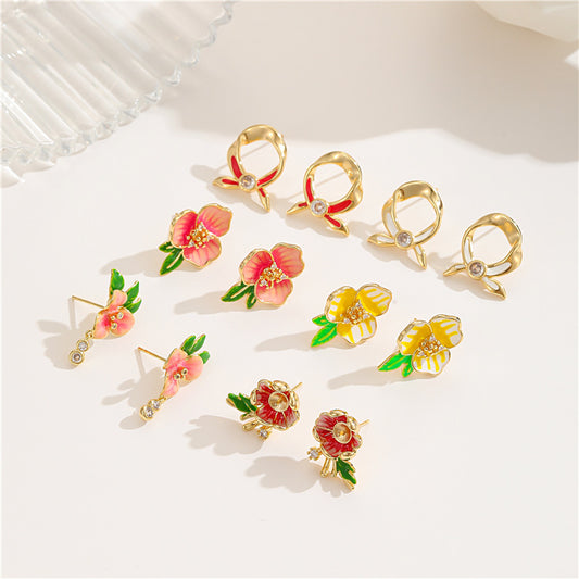 4 Floral Bows Stud Earrings 14K GF Enamel Epoxy Rhinestone Earing