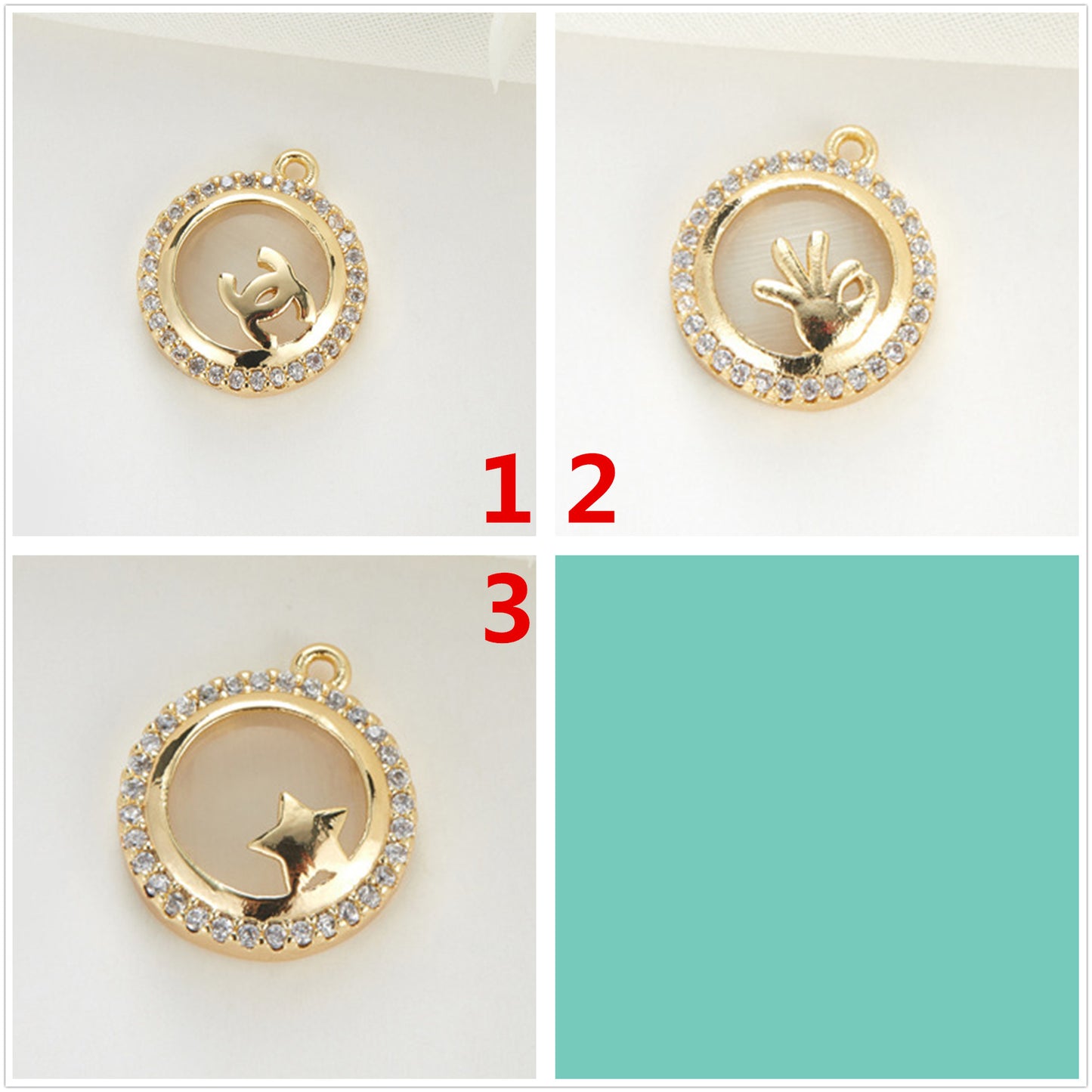 2 Round Circle Star OK Coin Charm Pendant Rhinestone Embellished 14K GF