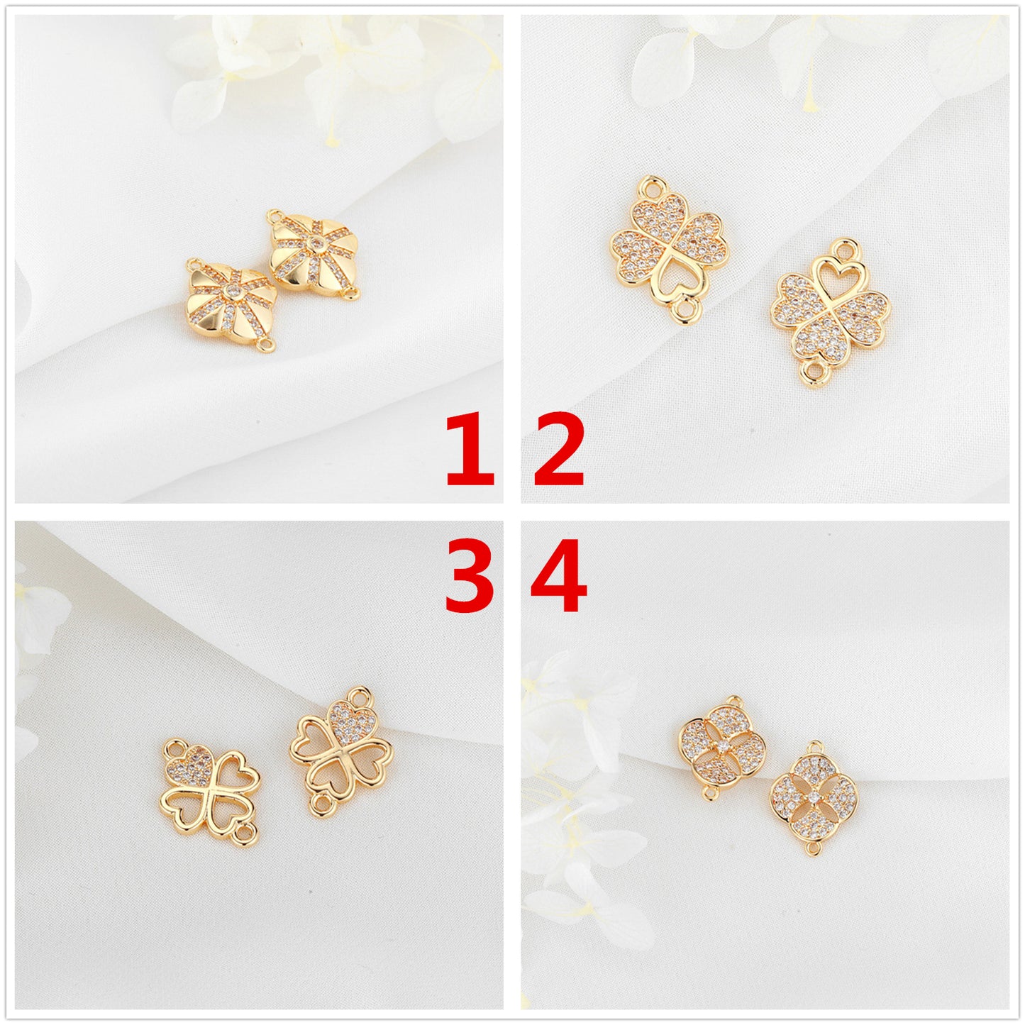 2 Double boucle florale trèfle à quatre feuilles connecteur de charme strass embelli 14K GF