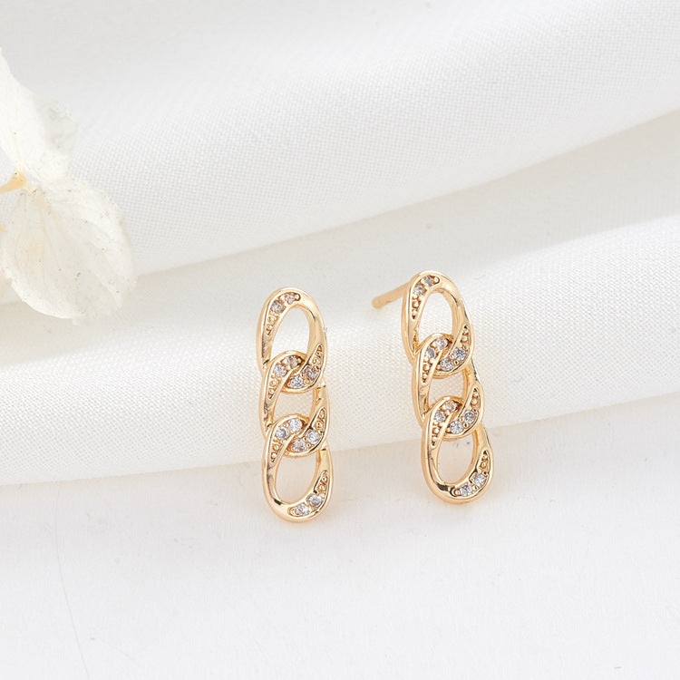 4 Curved Cable Chain Stud Earrings 14K GF Rhinestone Embellished Earing