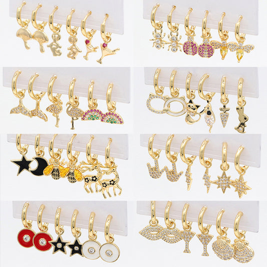 Whole Set Oval Oblong Paw Star Round Charm Hoop Earrings Rhinestone Embellished Enamel Epoxy 14K GF Earing