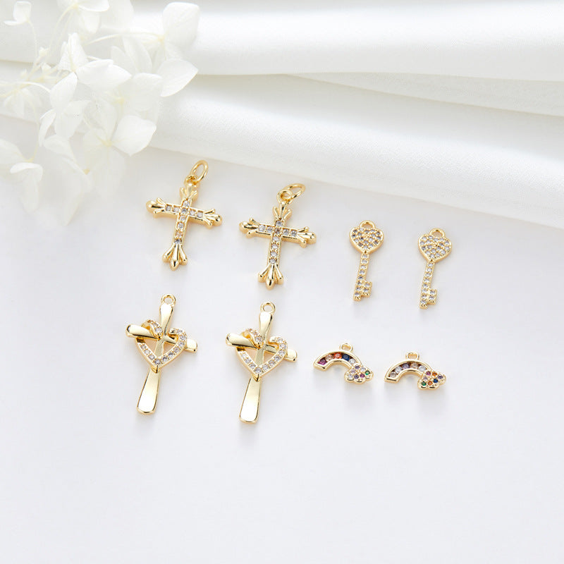 2 Cat Palm Cross Key Charm Pendant Rhinestone Embellished 14K GF