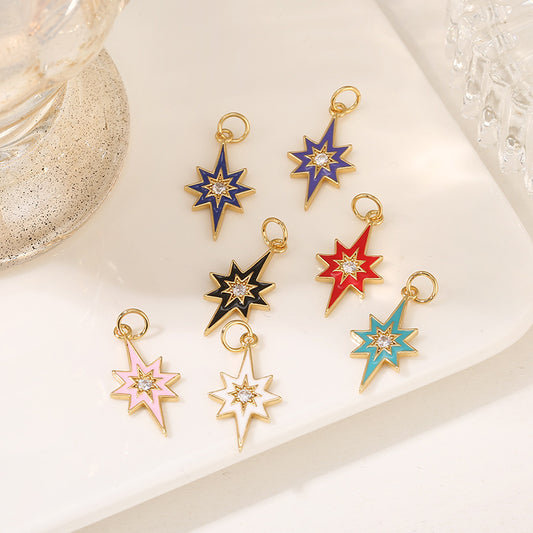 2 Star Charm Pendant Enamel Epoxy 14K GF Rhinestone Embellished