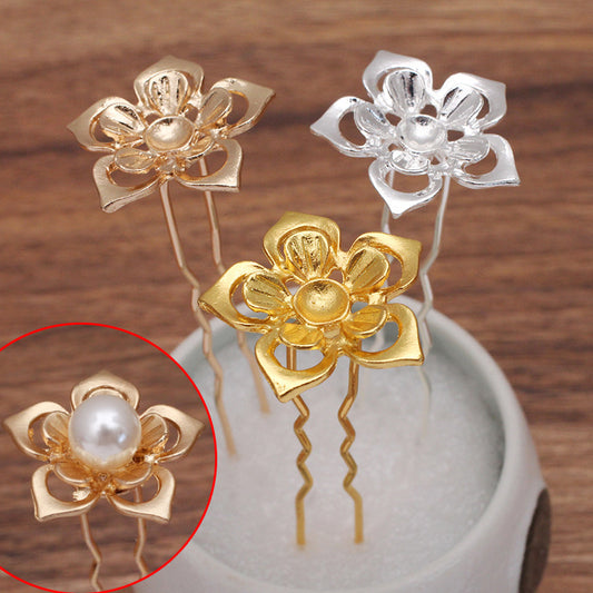 20 Floral Charm Hair Fork Hairpin 18KGP 10mm Round Bead Blank Gemstone Beads Setting