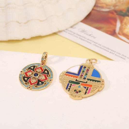 2 Tibetan Style Coin Tarot Charm Pendant Enamel Epoxy 14K GF Rhinestone Embellished