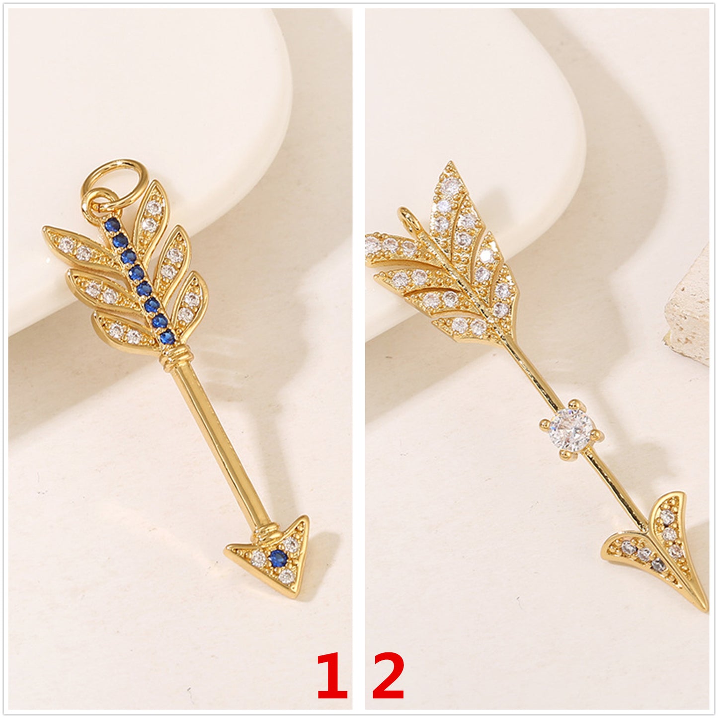 2 Arrow Charm Pendant Rhinestone Embellished 14K GF