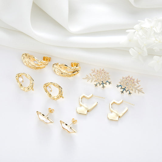 4 Lip Print Lotus Leaf Snowflake Melting Circle Stud Earrings 14K GF Rhinestone Embellished Earing