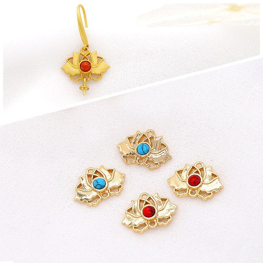 10 connecteur de charme floral lotus à double boucle turquoise embelli 14K GF