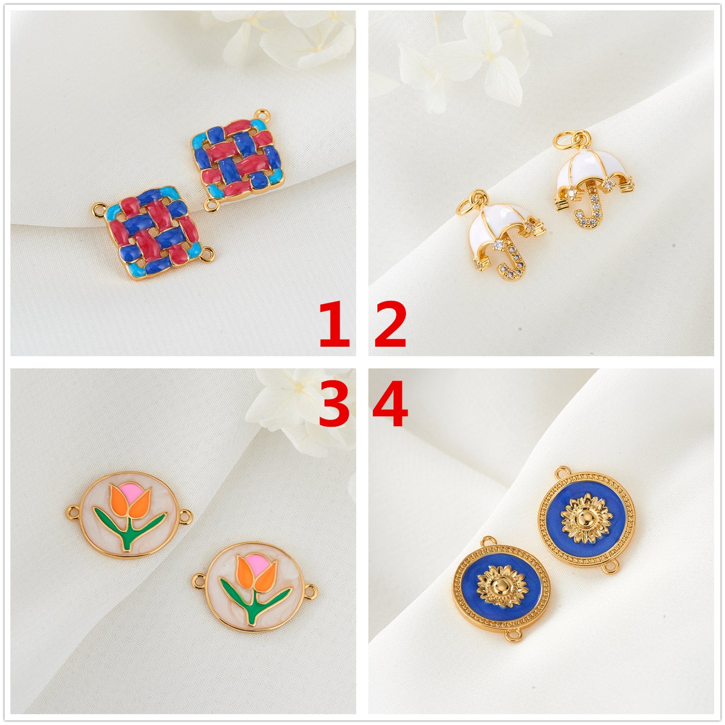 2 Square Plait Umbrella Tulip Sun Charm Pendant Enamel Epoxy 14K GF