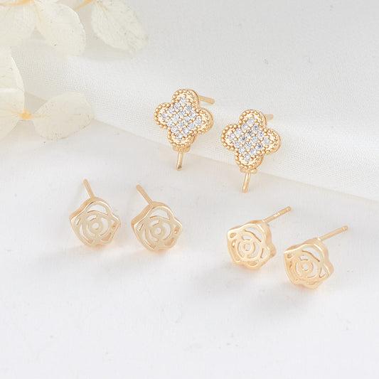 4 Floral Stud Earrings 14K GF Rhinestone Embellished Earing