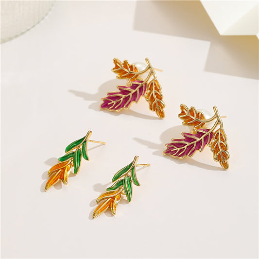 2 pairs Leaf Stud Earrings 14K GF Enamel Epoxy Earing with Pin Top Drilled Pearl Bead Blank Setting