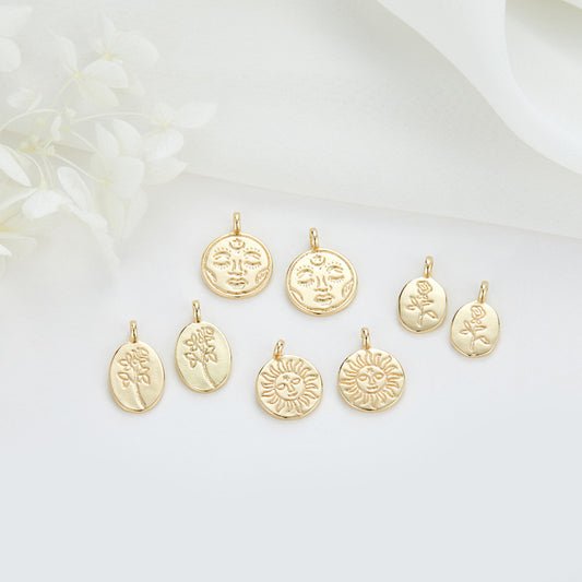 2 Floral Sun Face Tag Charm Pendant 14K GF