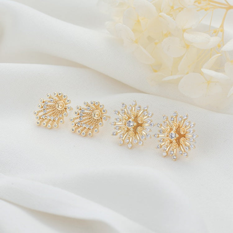 4 boucles d'oreilles à tige en forme de flocon de neige, ornées de strass, 14 carats, GF, perles à moitié percées, vierges