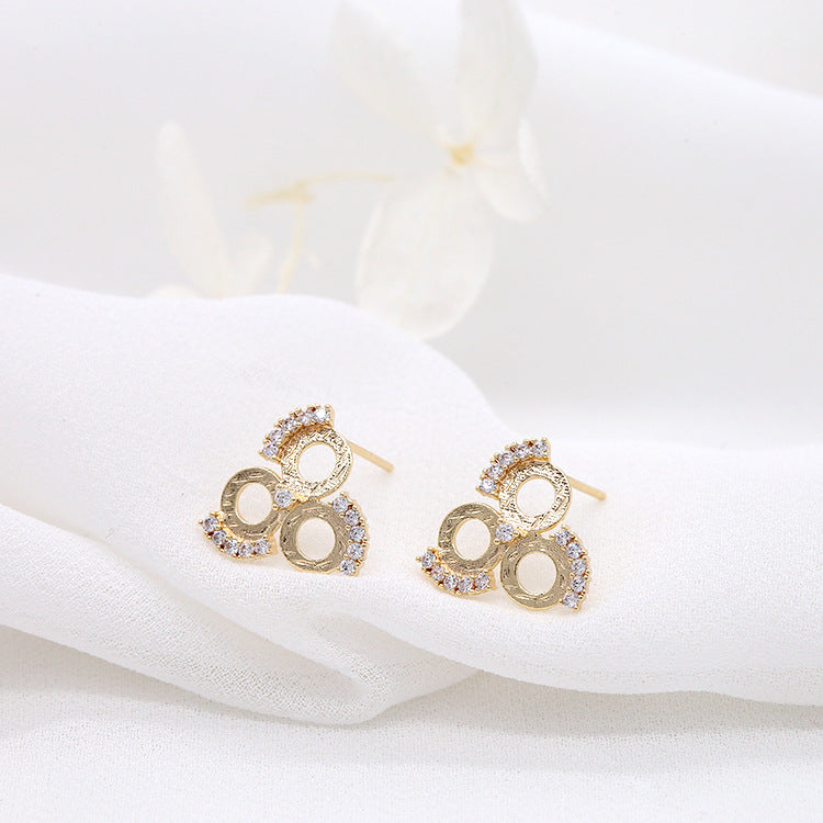 4 Three Round Pad Stud Earrings Rhinestone Embellished 14K GF Earing Flat Back Pearl Cabochon Base Blank