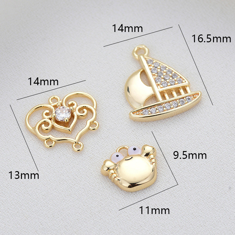 2 Voilier Floral Crabe Charme Pendentif Émail Époxy 14K GF Strass Embelli